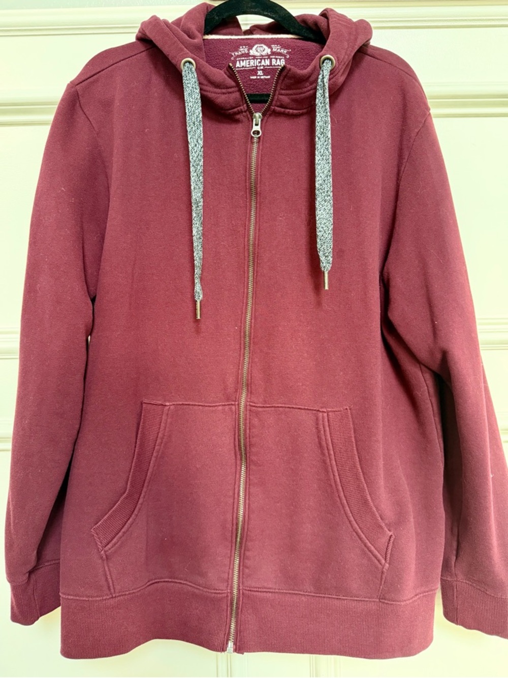 Men’s American Rag Burgundy Full-Zip Hoodie with Gray Drawcords size XL